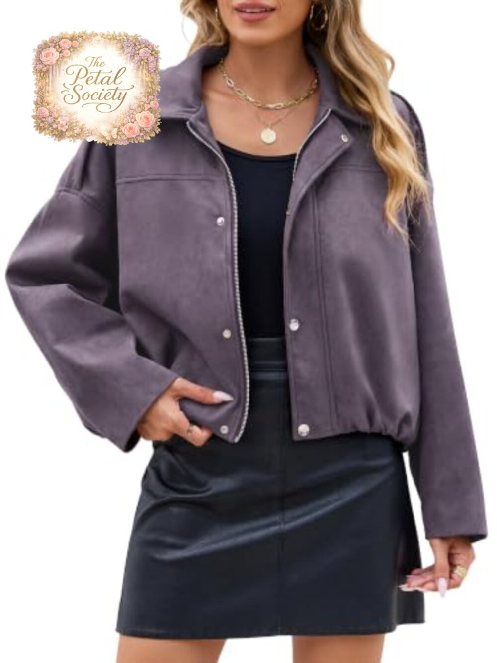 Faux Suede Cropped Bomber Jacket Oversized Batwing Sleeve